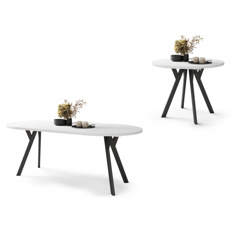 ALMO Matné biele/čierne nohy - OKRÚHLY LOFTOVÝ/INDUSTRIÁLNY ROZKLADACÍ STÔL DO OBÝVAČKY/JEDÁLNE