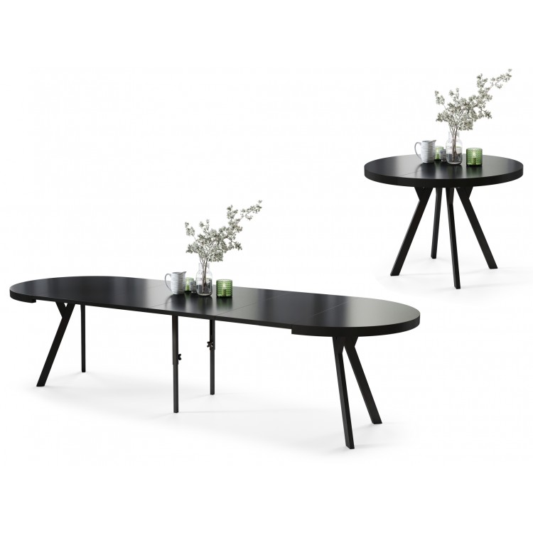 EXPANSO Čierny mat / čierne nohy - VEĽKÝ OKRÚHLY STÔL Ø110 ROZKLADACÍ AŽ DO 310 cm S NOHAMI Y LOFTOVÝ / INDUSTRIÁLNY