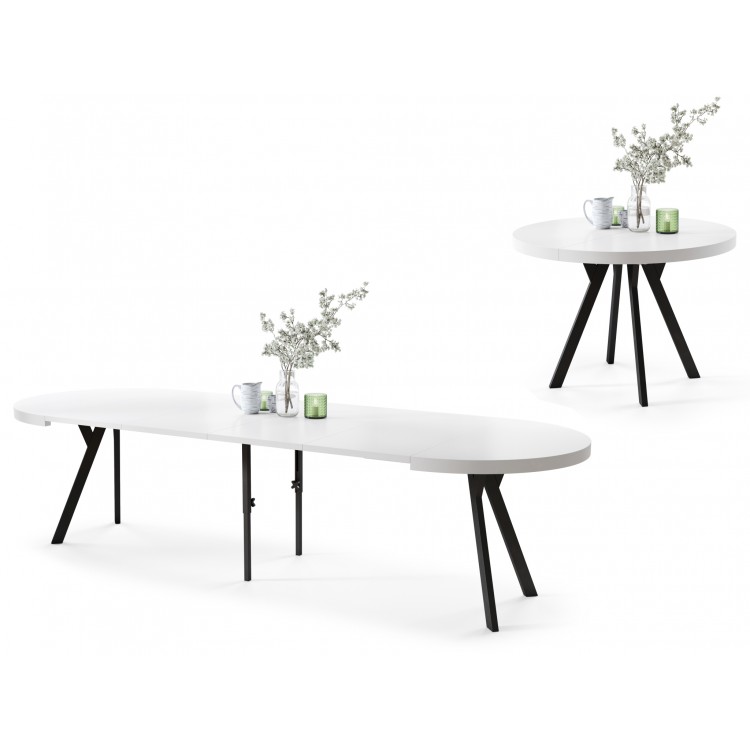 EXPANSO Biely mat / čierne nohy - VEĽKÝ OKRÚHLY STÔL Ø110 ROZKLADACÍ AŽ DO 310 cm S NOHAMI Y LOFTOVÝ / INDUSTRIÁLNY
