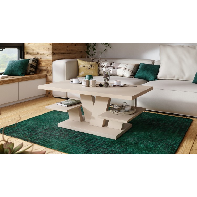 VIVA MAT Béžová [Super Mat / Anti-fingerprint] - MODERNÝ KONFERENČNÝ STOLÍK S POLIČKAMI KAŠMÍR