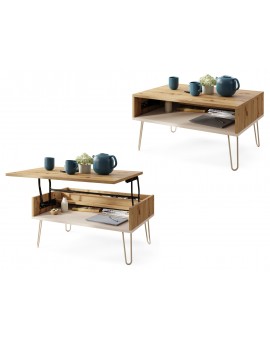 HAIRPIN S-90 Dub Artisan/Béžová (Šampanská) - MODERNÝ KONFERENČNÝ STOLÍK S VÝKLOPNOU DOSKOU + ÚLOŽNÝ PRIESTOR + POLICA