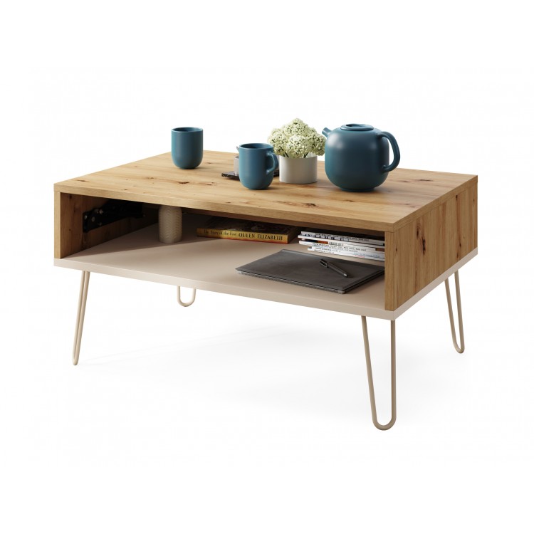 HAIRPIN S-90 Dub Artisan/Béžová (Šampanská) - MODERNÝ KONFERENČNÝ STOLÍK S VÝKLOPNOU DOSKOU + ÚLOŽNÝ PRIESTOR + POLICA