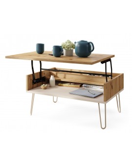 HAIRPIN S-90 Dub Artisan/Béžová (Šampanská) - MODERNÝ KONFERENČNÝ STOLÍK S VÝKLOPNOU DOSKOU + ÚLOŽNÝ PRIESTOR + POLICA