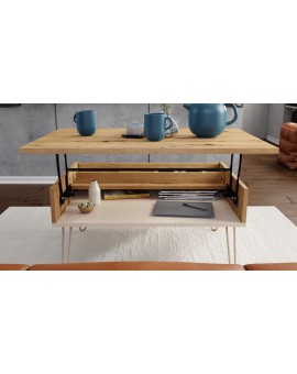 HAIRPIN S-90 Dub Artisan/Béžová (Šampanská) - MODERNÝ KONFERENČNÝ STOLÍK S VÝKLOPNOU DOSKOU + ÚLOŽNÝ PRIESTOR + POLICA