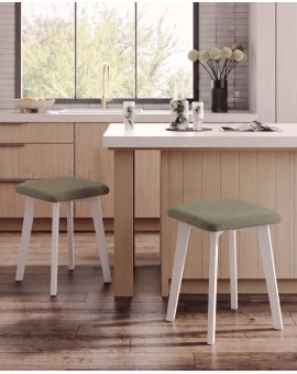 MILO Green (Storm 34 fabric)/white beech base - SQUARE UPHOLSTERED STOOL FOR KITCHEN/LIVING ROOM