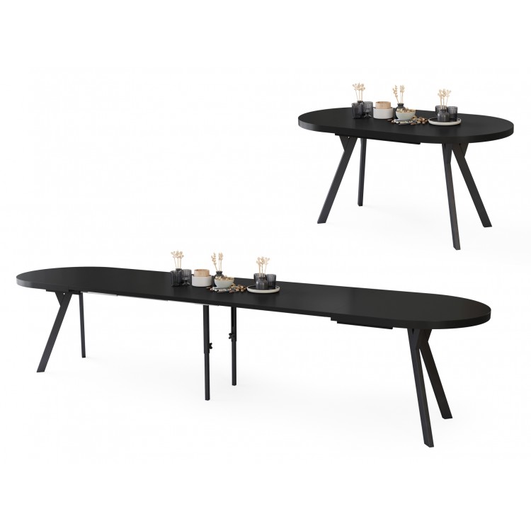 EXPANSO Čierny mat / čierne nohy - OVÁLNY ROZKLADACÍ STÔL 160-360 cm PRE 16-18 OSÔB