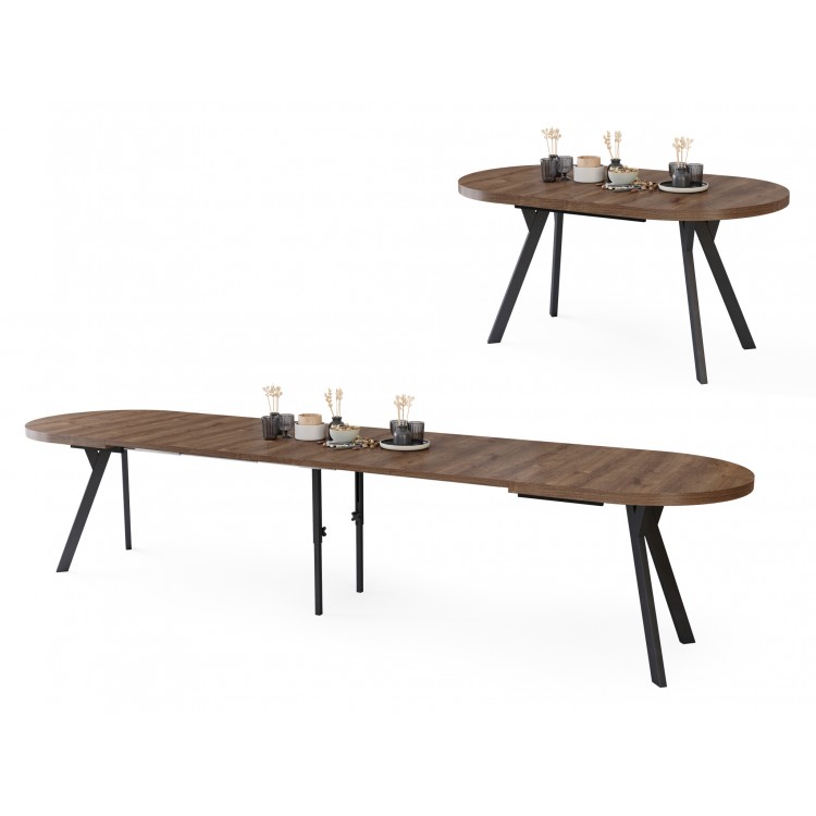 EXPANSO Hnedý dub / čierne nohy - OVÁLNY ROZKLADACÍ STÔL 160-360 cm PRE 16-18 OSÔB