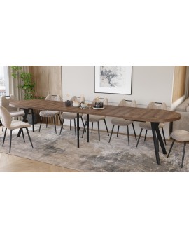 EXPANSO Hnedý dub / čierne nohy - OVÁLNY ROZKLADACÍ STÔL 160-360 cm PRE 16-18 OSÔB