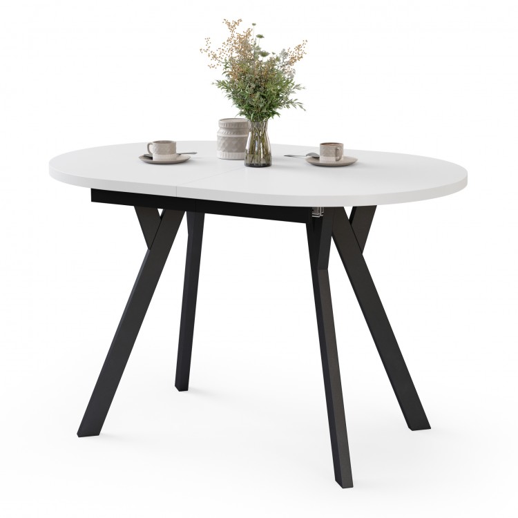 ALMO White Matt / black legs - OVAL EXTENDING TABLE 120-220 cm FOR 10-12 PEOPLE