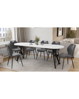 ALMO White Matt / black legs - OVAL EXTENDING TABLE 120-220 cm FOR 10-12 PEOPLE