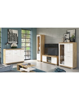 TV stolík SIMPLE D2, zlatý dub / biely lesk - do obývacej izby, vysoký lesk