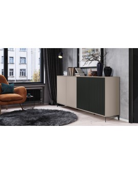Komoda Rimini K-242 Béžová Taupe / Čierna matná - MODERNÁ SKRIŇA S DRÁŽKOVANÝMI ČELAMI Komoda Rimini K-242 Béžová Taupe / Čierna matná - MODERNÁ SKRIŇA S DRÁŽKOVANÝMI ČELAMI