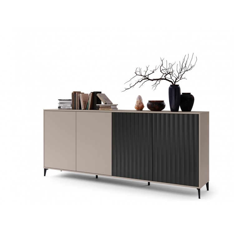Komoda Rimini K-242 Béžová Taupe / Čierna matná - MODERNÁ SKRIŇA S DRÁŽKOVANÝMI ČELAMI Komoda Rimini K-242 Béžová Taupe / Čierna matná - MODERNÁ SKRIŇA S DRÁŽKOVANÝMI ČELAMI