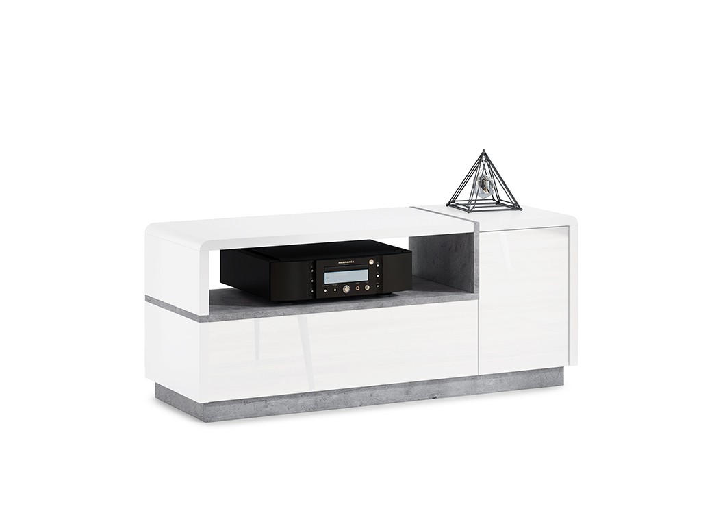 Mazzoni TV stolík FOLK - 120 cm, BIELY MAT / BIELY LESK / BETON