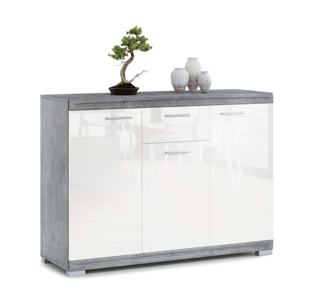 Široká komoda SIMPLE KD3SZ1 BETON / LESKLÁ BIELA