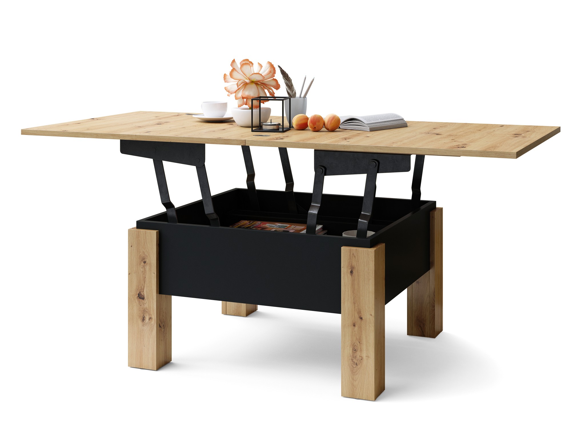 Mazzoni OSLO dub artisan / čierny mat, rozkladací konferenčný stolík s výškovo nastaviteľnou stolovou doskou
